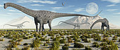 A herd of Diplodocus sauropod dinosaurs during Earth's Jurassic period.