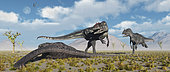 Carnivorous Allosaurus dinosaurs approaching the carcass of a dead Diplodocus sauropod dinosaur.