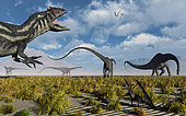 A carnivorous Allosaurus stalking a herd of Diplodocus sauropod dinosaurs during Earth's Jurassic period.