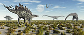 A mixed herd of Stegosaurus and Diplodocus dinosaurs during Earth's Jurassic period.