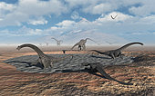Diplodocus dinosaurs caught in a deadly mud pit during a drought during Earth's Jurassic period of modern day North America.

