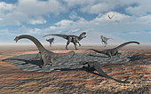 Juvenile Diplodocus dinosaurs caught in a deadly mud pit during a bad drought, attracting the attention of predatory Allosaurus dinosaurs during Earth's Jurassic period of modern day North America.
