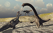 An Allosaurus and Diplodocus dinosaur battle for their lives as both sink deeper in a deadly mud pit.