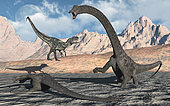 A pair of Diplodocus dinosaurs trapped in a deadly mud pit while a carnivorous Allosaurus waits for its chance to attack.