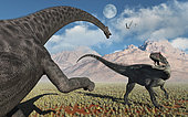 A large Diplodocus dinosaur confronting a carnivorous Allosaurus during Earth's Jurassic period.