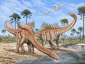 Agustinia dinosaurs drinking water from a river, with Pterodactylus flying above.
