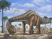 A large Diplodocus dinosaur grazing on ferns, with Pterodactylus pestering from above.