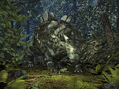 A ten-foot-long Crichtonsaurus crosses paths with a pair of frogs deep within a Cretaceous forest 95 million years ago. The heavily armored Crichtonsaurus was a herbivore and therefore unlikely to have any interest in frogs as food, while the carnivorous frogs are doubtless in search of smaller prey. The forest is populated with various ferns and the conifer-like Wollemi Pine (not a true conifer, rather an Araucariaceae more closely related to the Monkey Puzzle tree).