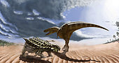 A Tarbosaurus dinosaur and an armored Saichania ankylosaurid in a prehistoric landscape.