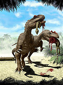Two Allosaurus europaeus with a Hypsilophodon foxii in mouth as its next meal.