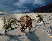 Velociraptors chase a Bagaceratops in a prehistoric desert.