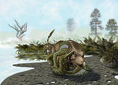 A Velociraptor mongoliensis attacks a Protoceratops andrewsi.