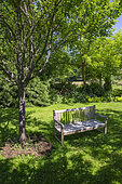 Jardin Cali Canthus, ornamental garden, decorative, visited by the public, bench, tranquility in the middle of the garden, Saint Maurice (67220), Alsace, Bas Rhin (67), Grand Est Region, France