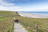 Hikers on the paths of Cap Blanc-Nez in spring, Pas de Calais, France