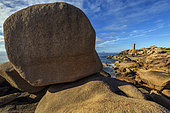 Pink granite of Ploumanac'h at dusk. 293 Ma old granite rich in pink feldspars, Ploumanac'h lighthouse, Côtes d'Armor, Brittany, France