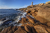 Pink granite of Ploumanac'h at dusk. 293 Ma old granite rich in pink feldspars, Ploumanac'h lighthouse, Côtes d'Armor, Brittany, France
