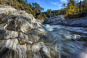 The Gardon de Sainte Croix in the Cévennes, very ancient micaschists of Cambrian/Ordovician age deformed by Hercynian tectonics, Le Martinet, St Etienne Vallée Française, Cévennes, France