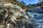 The Gardon de Sainte Croix in the Cévennes, very ancient micaschists of Cambrian/Ordovician age deformed by Hercynian tectonics, Le Martinet, St Etienne Vallée Française, Cévennes, France