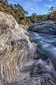 The Gardon de Sainte Croix in the Cévennes, very ancient micaschists of Cambrian/Ordovician age deformed by Hercynian tectonics, Le Martinet, St Etienne Vallée Française, Cévennes, France