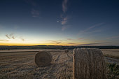 Straw bales in french country, before sunrise, Lorraine, France