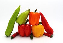 Composition of several types of sweet pepper of different shapes, colors and sizes on a light background. Natural product. Natural color. Close-up.