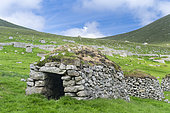 The islands of St Kilda archipelago in Scotland. Island of Hirta , Traditonal Cleit, a dry stone bothy used for storing food and other materials. It is one of the few places worldwide to hold joint UNESCO world heritage status for its natural and cultural qualities. Europe, Scotland, St. Kilda, July