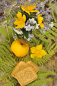 Yellow and blue bouquet with St John's wort (Hypericum sp) flowers from the garden, fern fronds, apple and biscuits
