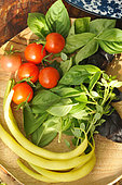Basil (Ocimum basilicum), Cherry tomatoes (Solanum lycopersicum), Butter beans (Phaseolus vulgaris), Herbs and vegetables from the garden