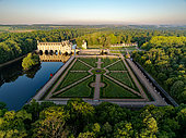 Chenonceau castle with the river Le Cher passing below - aerial view - Indre et Loire - France