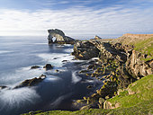 Foula part of the Shetland Islands in northern Scotland, it is one of the most remote permanently inhabited islands in the UK. The cliffs in the north at East Hoevdi with the natural arch Gaada Stack. europe, northern europe, great britain, scotland, June
