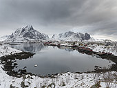 Village Reine on the island Moskenesoya. The Lofoten Islands in northern Norway during winter. Europe, Scandinavia, Norway,February