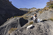 Luc Ebbo, paleontologist. Preparation of a sample containing fossils for collection. Albian blue marls of Sisteron. Ebbo collection
