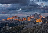 The dolomites in the Veneto. Monte Pelmo, Croda da Lago, Averau, Nuvolau and Ra Gusela in the background. The Dolomites are listed as UNESCO World heritage. europe, central europe, italy