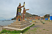 Statues of Manco Cápac, the first Inca ruler and his sister and wife Mama Ocllo, Copacabana Beach on Lake Titicaca, Bolivia