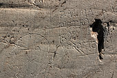 Names engraved by shepherds or soldiers in historical times. Regulated area of Les Merveilles, where thousands of Neolithic engravings dating from the Bronze Age (- 3000 years) are protected - Mercantour National Park - Alpes Maritimes - France