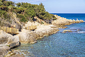 Footbridge on the coastal path at the Pointe du Canadel, Ramatuelle, Var, French Riviera, France