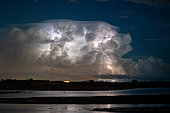 Mediterranean thunderstorm: A thundery deterioration crossed the whole of the Mediterranean during the night of 8 to 9 September 2022. You can see the cumulonimbus developing. The lightning came out of the top of the cumulonimbus, it was extranuagenous lightning. A cloud cap forms at the top of the cumulonimbus, this is velum. Camargue, Bouches du Rhône, France