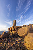 Ploumanach lighthouse, Mean Ruz, on the Pink Granite Coast, spring, Perros-Guirec, Côte d'Armor, Brittany, France
