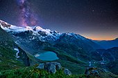 Starry sky with milky way at Sustenpass, Steisee and Gadmental, Canton Bern, Switzerland, Europe