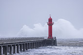 Red lighthouse at Boulogne-sur-Mer during Storm Ciaran, Opal Coast, Pas-de-Calais, France