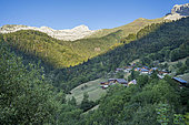 Mountain village and forestin the Alps. Landscape of the hamlet of Montaubert at dawn and summit of La Tournette, Serraval, France