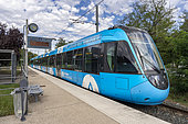 TER line managed by the Auvergne Rhone Alpes region. Commuter train (RER) called a tram train with no ticket inspector or toilet on board at Sain-Bel station, its terminus, Sain-Bel, France.