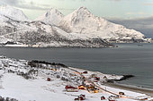 Tromvik road on the edge of the fiord where the moon is reflected, the sun is not visible in winter, only the moon illuminates the landscape. Landscape and dwellings amid fjords and Alpine-style mountains on the islands around Tromso, Norway