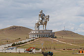The Genghis Khan Equestrian Statue, part of the Genghis Khan Statue Complex is a 131-foot (40 m) tall statue of Genghis Khan on horseback, on the bank of the Tuul River at Tsonjin Boldog (54 km (33.55 mi) east of the Mongolian capital Ulaanbaatar), Steppe area, East Mongolia, Mongolia, Asia