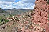 Rio Martin Natural and Cultural Park: Peñarroyas built with red Triassic sandstone. Province of Teruel, Spain