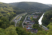 Various communication routes: road, canal, railroad and river in a valley, Grand Est, France