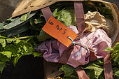 Label on a basket of vegetables with Les Pot's written on it at the shared garden Les Pot'iront. Collective garden of the association "Les Pot'iront" shared organic market gardening near Lyon, Décines, France.