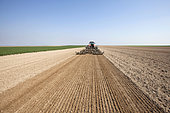 Farmers using tool trains to prepare the soil in one pass just before sowing on light loamy, chalky soil in the Brie region, Marne, France.