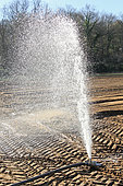 Water leak from a pipe in a field at a market gardener's, Sarthe, Pays de la Loire, France
