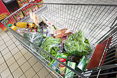 Consumption in a supermarket amidst fruit and vegetable, egg and dairy and butchery aisles, France